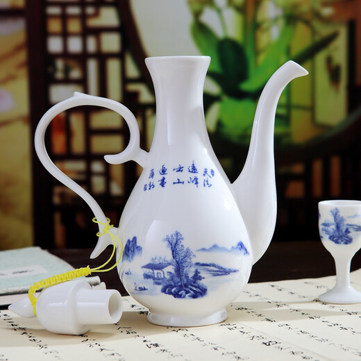 Shengtianxia Jingdezhen ceramic wine pot, Chinese blue and white porcelain wine set, traditional pouring wine pot, wine glass, white wine wine set, goblet, 1 pot, 10 cups, landscape-wine set-1 pot, 10 cups, safe and shockproof packaging