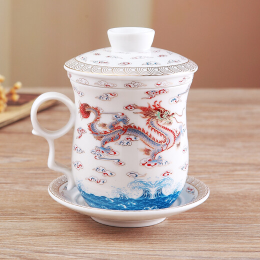 Jiulou Pavilion Jingdezhen ceramic filter tea cup with lid tea dragon cup color glaze tea cup office cup men's 330ml Bailong Xingtian without gift box