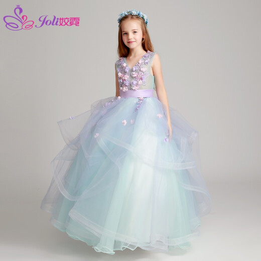 Jiao Ni girls' dress Elsa princess dress children's catwalk host piano performance dress evening dress wedding dress flower girl fluffy gauze blue and green + bustle + headdress 140cm