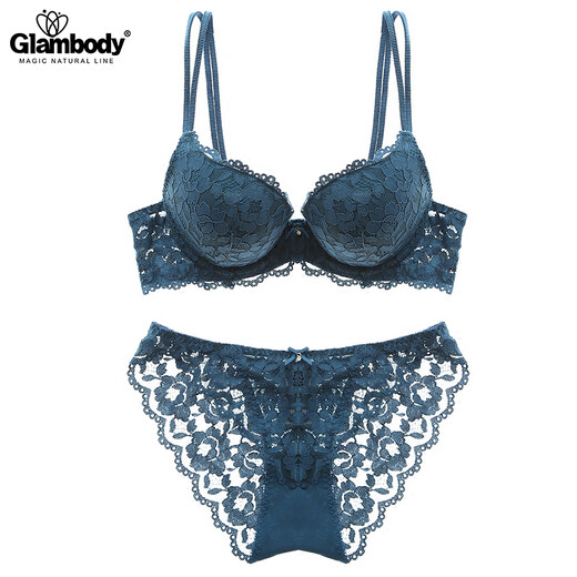 Glambody MAGIC NATURAL LINE European and American sexy lace embroidered top thin and bottom thick bra set thickened deep small breast push-up women's underwear 842002 purple 36/80B+with pants
