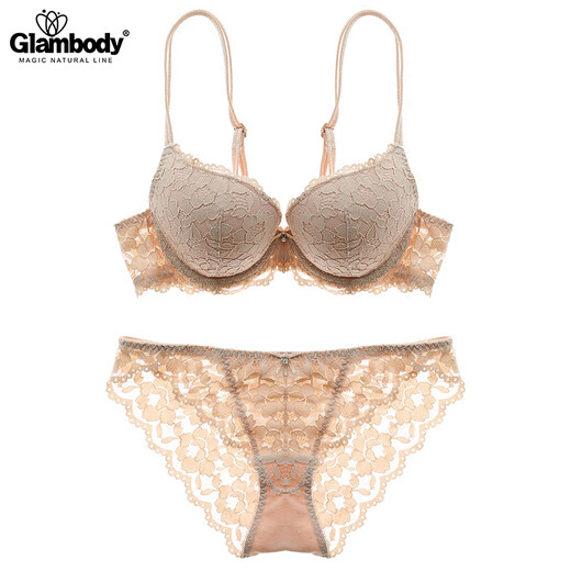 Glambody MAGIC NATURAL LINE European and American sexy lace embroidered top thin and bottom thick bra set thickened deep small breast push-up women's underwear 842002 purple 36/80B+with pants