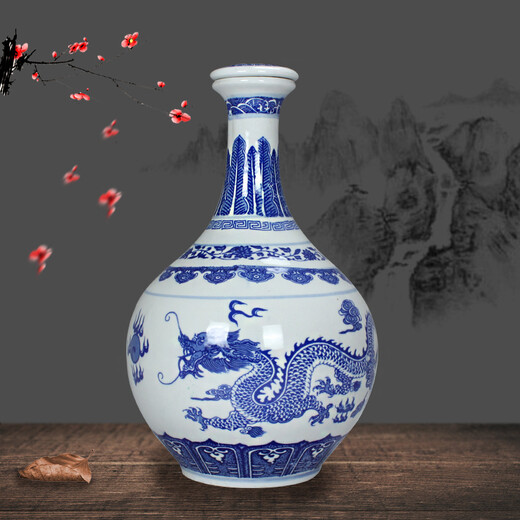 Xindeheng Jingdezhen Ceramics 5 Jin Jin equals 0.5 kg blue and white porcelain sealed long neck flat lid wine bottle cool bottle wine jar double dragons playing with beads 5 Jin Jin equals 0.5 kg packed cool bottle double dragons playing with beads