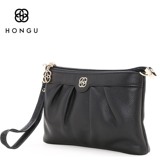 Honggu's new women's coin purse Japanese and Korean small fragrance first-layer cowhide dinner clutch bag cross-body multi-functional small bag black