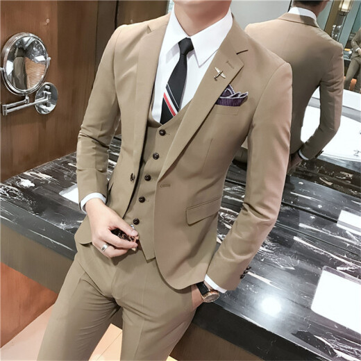 Jindan new spring and autumn suit men's three-piece Korean version slim business gentleman professional attire casual solid color suit suit groom and groomsmen dress black M suit + pants + shirt + vest