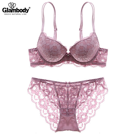Glambody MAGIC NATURAL LINE European and American sexy lace embroidered top thin and bottom thick bra set thickened deep small breast push-up women's underwear 842002 purple 36/80B+with pants