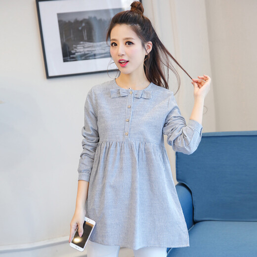 Mutterschaftskleidung Frühling und Herbst Top Lose Puppenstil Mutterschaft Hemd Frauen Langarm gestreifter Bogen Schwangeres Frauen Hemd Basis blau grau xxl