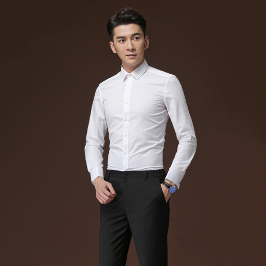 POWO long-sleeved French button shirt men's business slim fit no-iron groom wedding banquet cufflinks solid color shirt white 41