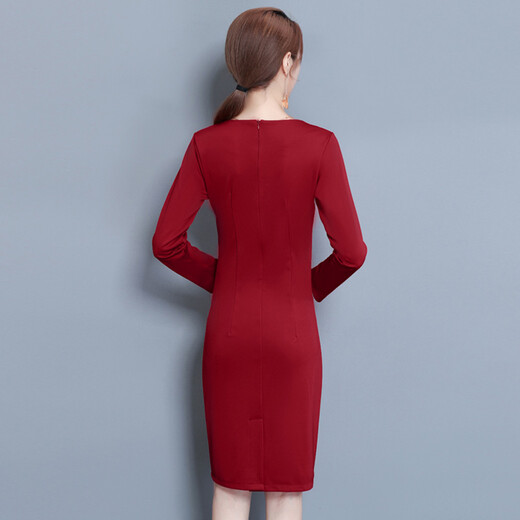 FUBIXIAN 2017 new autumn ruffled beaded dress nine-quarter sleeves slim and elegant professional women's wear Q8021 maroon L FUBIXIAN 2017 new autumn ruffled beaded dress nine-quarter sleeves slim and elegant professional women's wear Q8021 maroon L