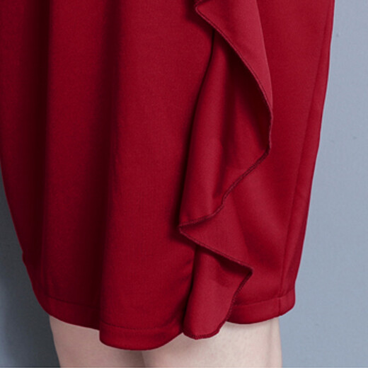 FUBIXIAN 2017 new autumn ruffled beaded dress nine-quarter sleeves slim and elegant professional women's wear Q8021 maroon L FUBIXIAN 2017 new autumn ruffled beaded dress nine-quarter sleeves slim and elegant professional women's wear Q8021 maroon L