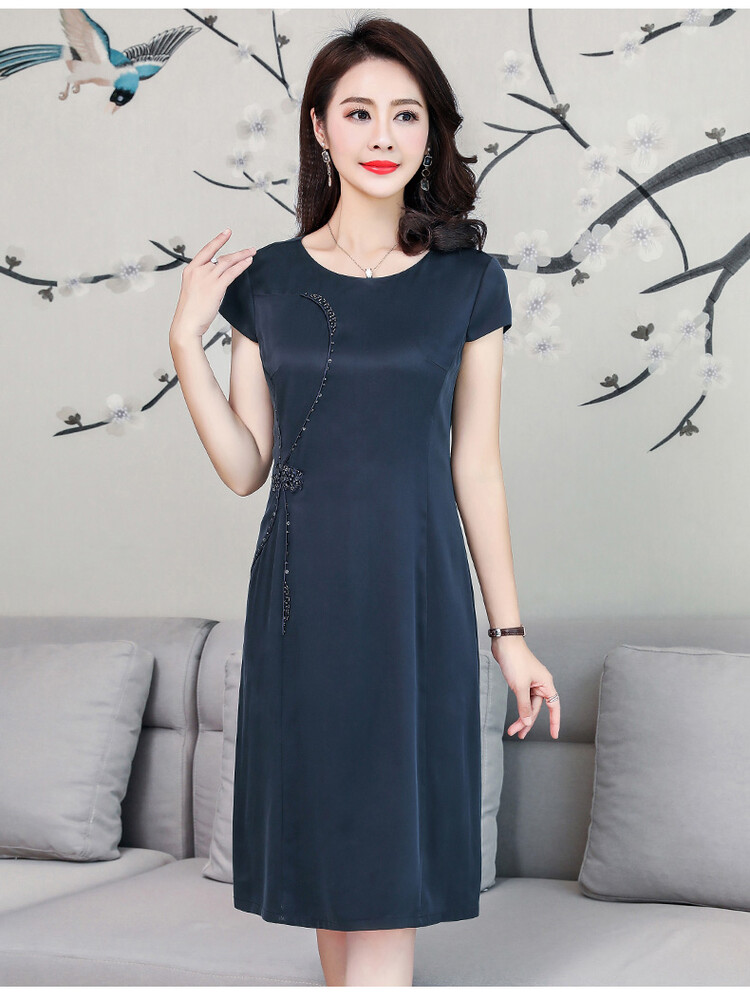 仙丫2018夏季新品女装真丝连衣裙女气质显瘦中年妈妈装桑蚕丝裙子