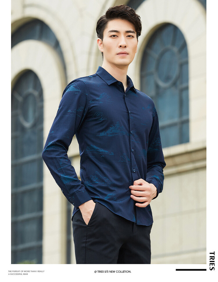 时尚商务绅士男士印花长袖休闲衬衫修身衬衣 1385e4021 枣红 3xl(185