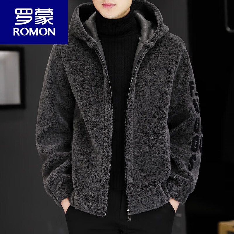 ROMON autumn and winter sheep sheared hooded woolen jacket plus velvet and thickened fur all-in-one men's embroidered cardigan jacket hooded gray 2XL (recommended 130-145 pounds)