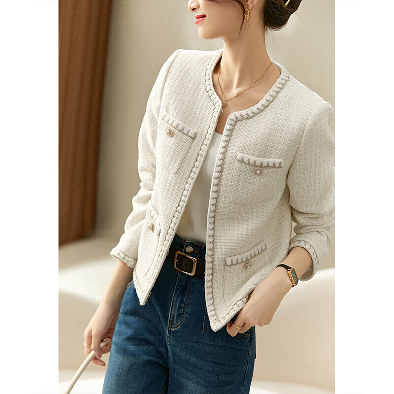 Shandu Bila Spring and Autumn Classic Round Neck Small Fragrance Jacket Women's Commuting and Age-Reducing Versatile Women's Tops Beige M