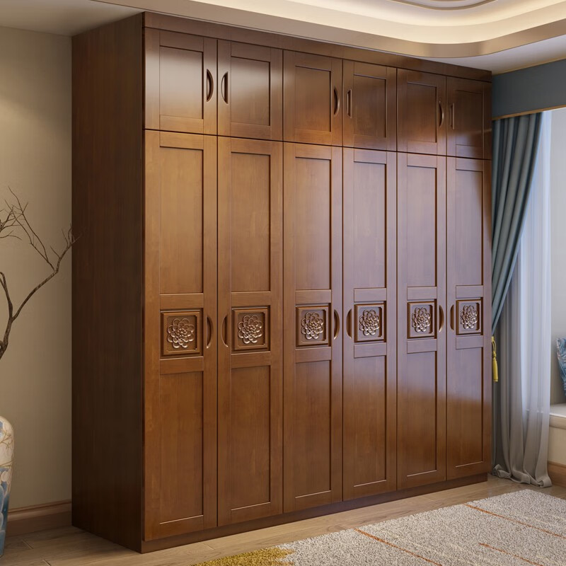 Millennium Shengshi Wardrobe Solid Wood Wardrobe Bedroom Simple Modern Chinese Style Multi-Door Combination Large Wardrobe Wooden Assembly Furniture Walnut Color Without Top Three Doors