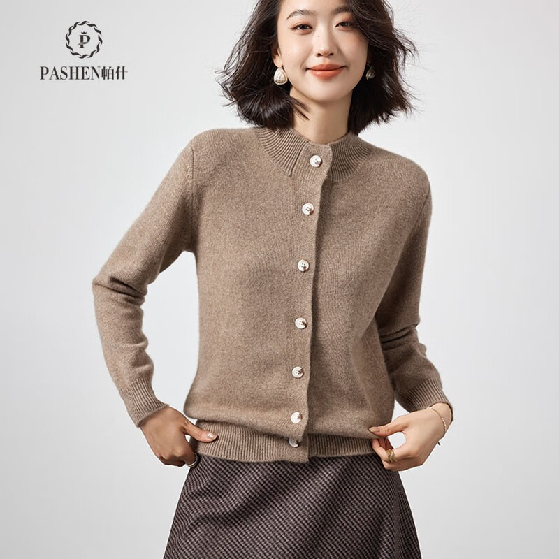 Pash Cashmere Sweater Women's Cardigan Half Turtle Collar 100% Cashmere 7-needle Thick Knitted Jacket PS-71 Bordeaux Red L (110-130 catties)