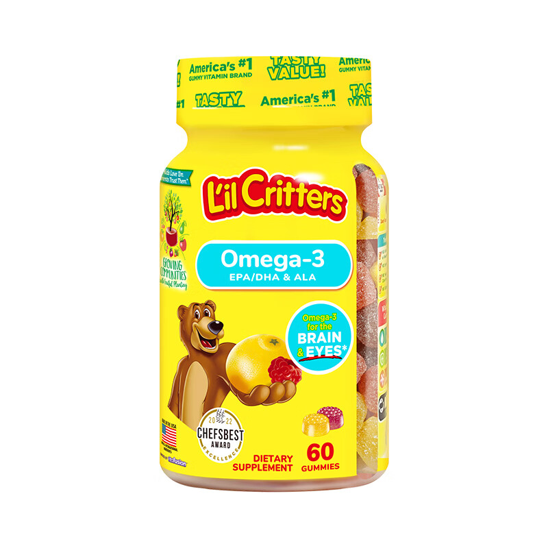 Lil Critters Ligui Children's Omega-3 Fish Oil DHA Student Exam Preparation Eye Protection Brain Replenishing Vitamin 60 Capsules Anti-Blue Light Teenagers