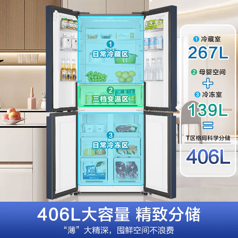 Haier refrigerator first-class energy efficiency four-door double-door air-cooled frost-free frequency conversion ultra-thin large capacity energy-saving household appliances 406 liters cross-door refrigerator 70cm wide refrigeration three-speed variable temperature丨Pure odor preservation丨Mother and baby space