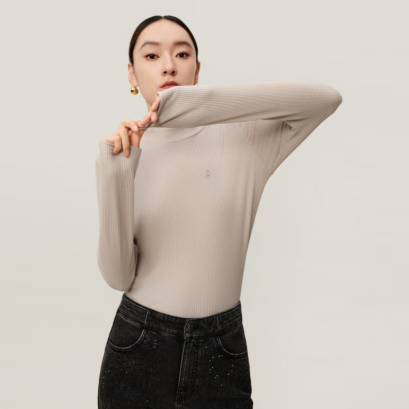 DUNNU 2024 winter new style half turtleneck slim knitted sweater slim inner layering shirt beige XL
