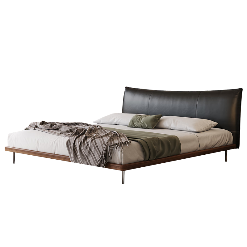 Yiluo Italian style minimalist black leather bed mid-century style master bedroom light luxury modern simple thin bedside bed Luna semi-green leather + beech wood rib frame 1800mm*2000mm bracket structure