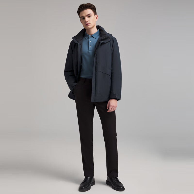 Youngor Down Jacket Goose Down Warm Hooded Detachable Stand Collar Windproof Jacket Navy Blue 165/88A