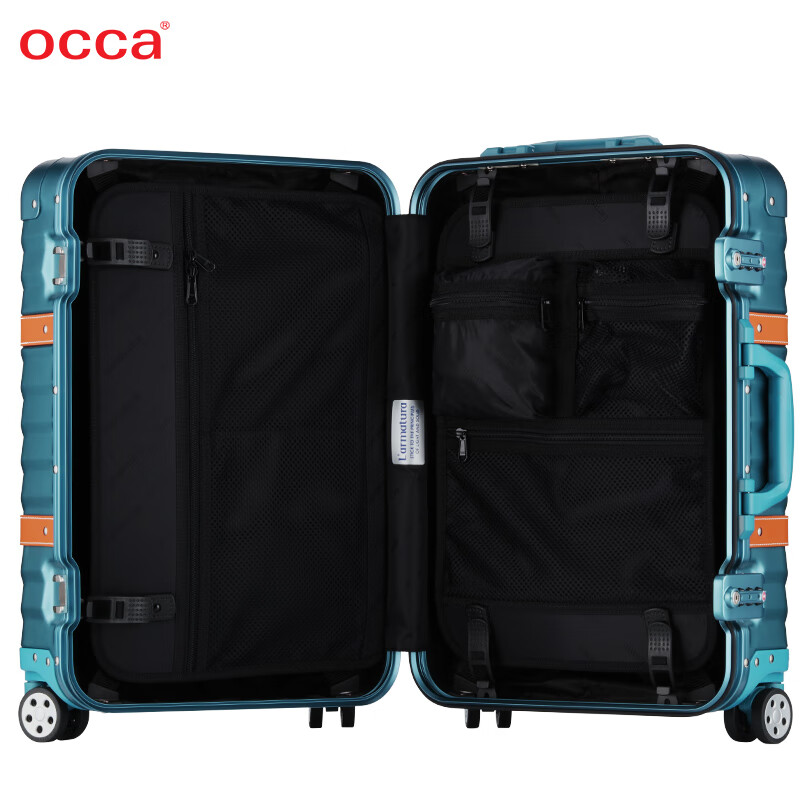 Occa suitcase business men's high-end diagonal striped aluminum-magnesium alloy trolley case metal cowhide travel retro boarding case retro silver 24 inches