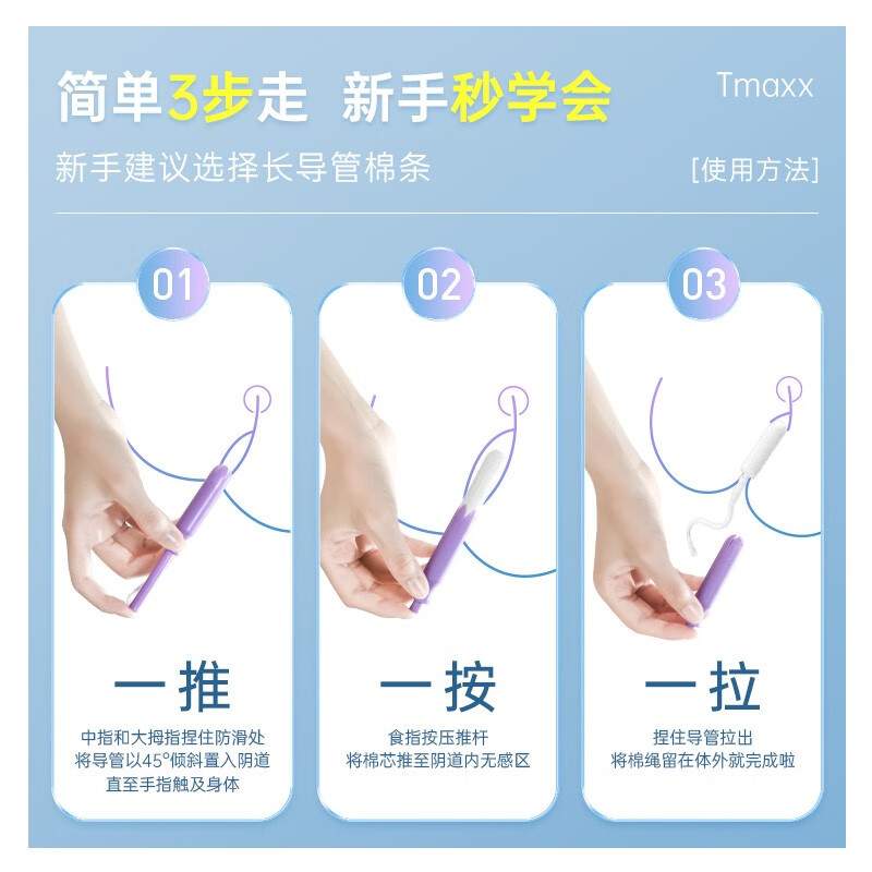 Tmaxx long catheter tampon with built-in plug-in sanitary napkin, menstrual period cotton swab for swimming, daily and night use, super absorbency, 20 pcs, 3 boxes