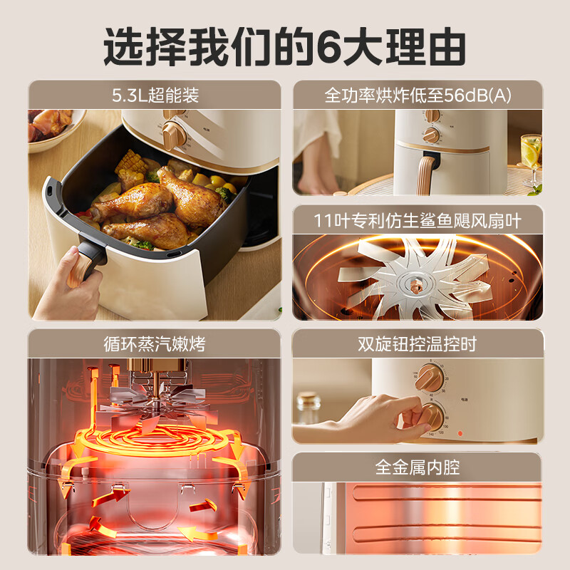 Midea Air Fryer Flip-Free Double Knob Household Large Capacity 5.3L Multifunctional Air Fryer Steaming and Grilling Integrated Hot Air Circulation Metal Cavity MF-KZE535J5