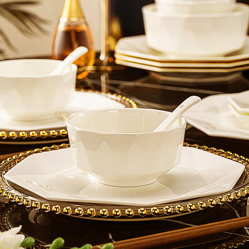 NINE CRANES high-end bowl and dish set household bone china bowl and plate pure white housewarming gift Jingdezhen tableware complete set light luxury 80 pieces set for 10 people high-end brocade box