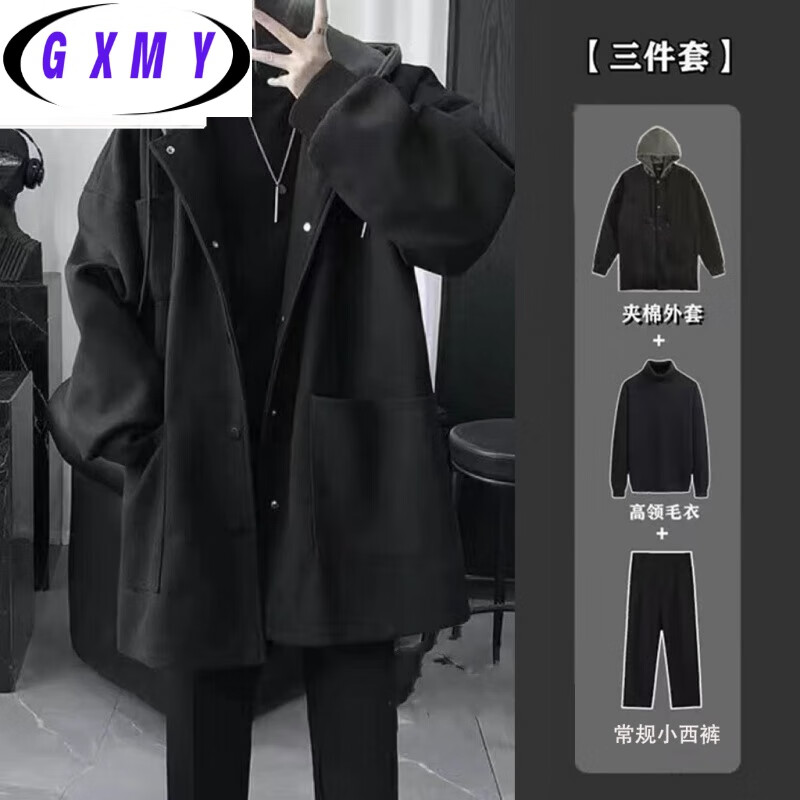 Gxmy mid-length jacket men's casual suit autumn and winter handsome clothes for teenagers men's three-piece suit black jacket single jacket XL recommended 125-140 pounds