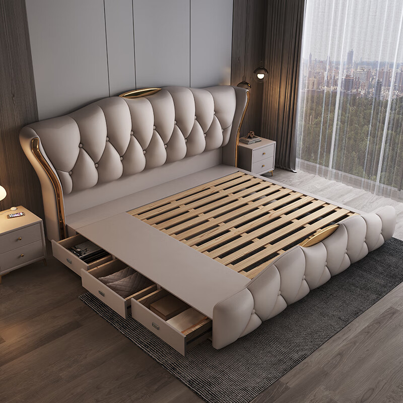 Xianli Italian-style leather bed, modern and simple 1.8m master bedroom bed, wedding bed, 2m light luxury storage double bed, air pressure soft bed, 3 drawer bed + 2 cabinets + antibacterial 9-zone latex mattress, 1.8*2m frame structure