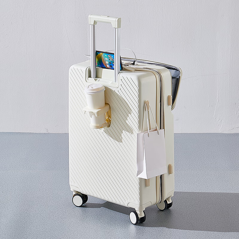 Guangludi expandable front-opening student suitcase trolley case for men with large capacity password suitcase for women small boarding suitcase front opening zipper case / off-white + dry and wet separation 20 inches boarding style + dual charging ports + expandable
