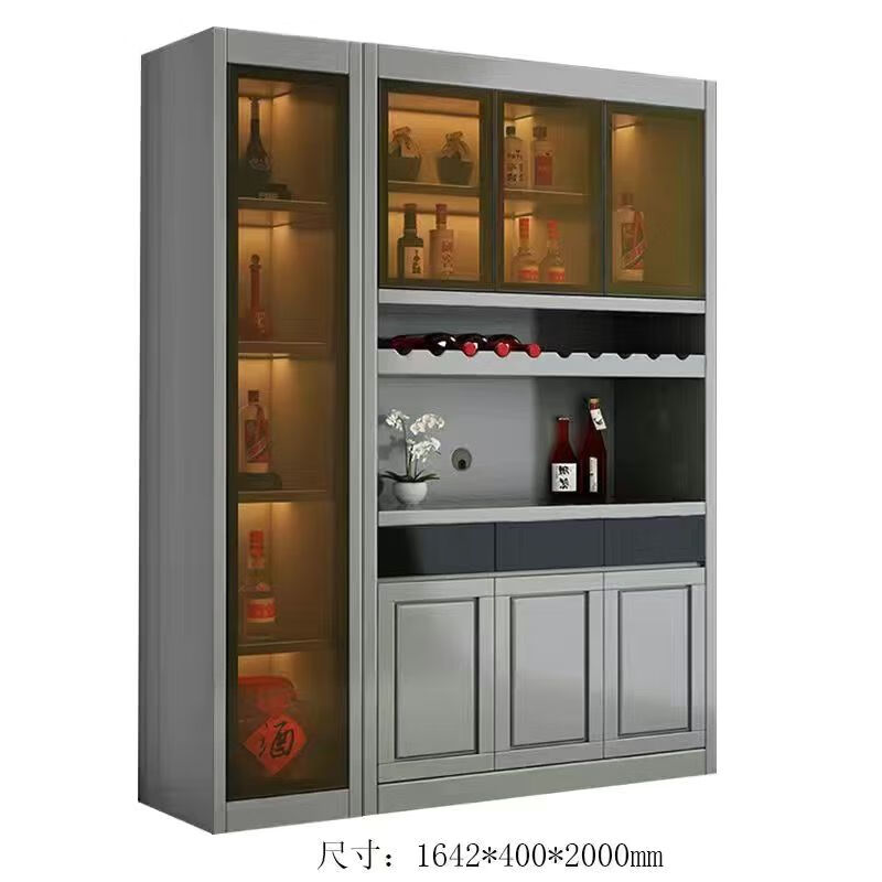 Wu solid wood wine cabinet and sideboard integrated living room wall-mounted multi-functional storage display cabinet with glass door kitchen storage cabinet three doors walnut color with side cabinet 1.65 meters