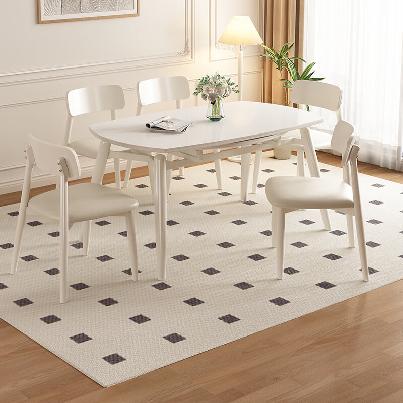 Pashaman dining table slate retractable dining table home French cream style foldable square and round dining table 1908Y retractable dining table 1.3 meters + 6 chairs 6195Y matte pure white slate