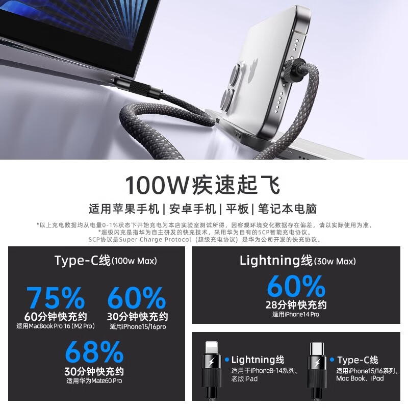 Suitable charging cable typec two-in-one Apple 15 data cable 100w fast charging suitable for Huawei Honor Xiaomi oppo notebook Switch car one to two PD1 meter black