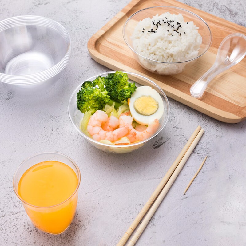 Petunia disposable crystal bowl cup set plastic plate transparent flavor plate sauce plate hard plastic hot pot rice bowl aviation bowl 400ml crystal bowl 100 pieces disposable tableware