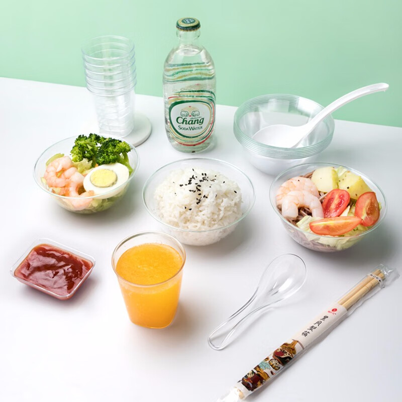 Petunia disposable crystal bowl cup set plastic plate transparent flavor plate sauce plate hard plastic hot pot rice bowl aviation bowl 400ml crystal bowl 100 pieces disposable tableware