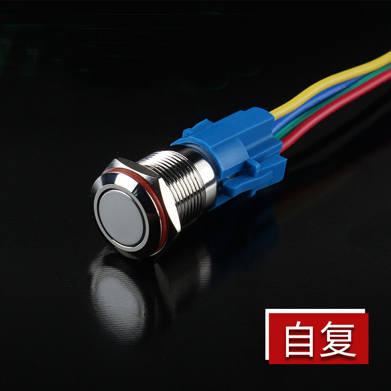 Suowei 16MM metal button switch with power light 6V12V24V220V waterproof self-reset self-locking inching circular power button car modification switch 16MM flat head ring light red (send plug-in) 12-24 self-reset