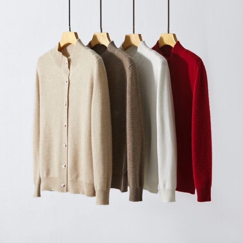 Pash Cashmere Sweater Women's Cardigan Half Turtle Collar 100% Cashmere 7-needle Thick Knitted Jacket PS-71 Bordeaux Red L (110-130 catties)