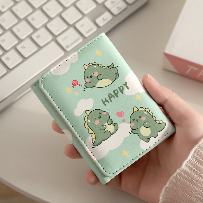 Mombos wallet for women, cute cartoon, fashionable folding card bag for men, ultra-thin multi-card slot storage, portable large-capacity student wallet, green little monster, enlargeable banknote/ID card, anti-degaussing model
