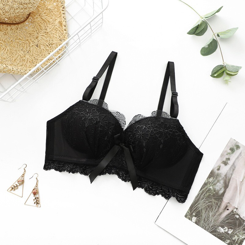 Daitianli push-up lace sexy underwear bra set, no wires, women's push-up adjustable anti-sagging small breast bra, green (single bra) 34A=75A