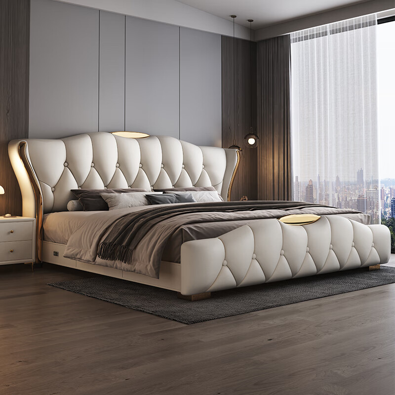 Xianli Italian-style leather bed, modern and simple 1.8m master bedroom bed, wedding bed, 2m light luxury storage double bed, air pressure soft bed, 3 drawer bed + 2 cabinets + antibacterial 9-zone latex mattress, 1.8*2m frame structure