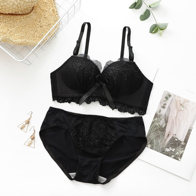 Daitianli push-up lace sexy underwear bra set, no wires, women's push-up adjustable anti-sagging small breast bra, green (single bra) 34A=75A