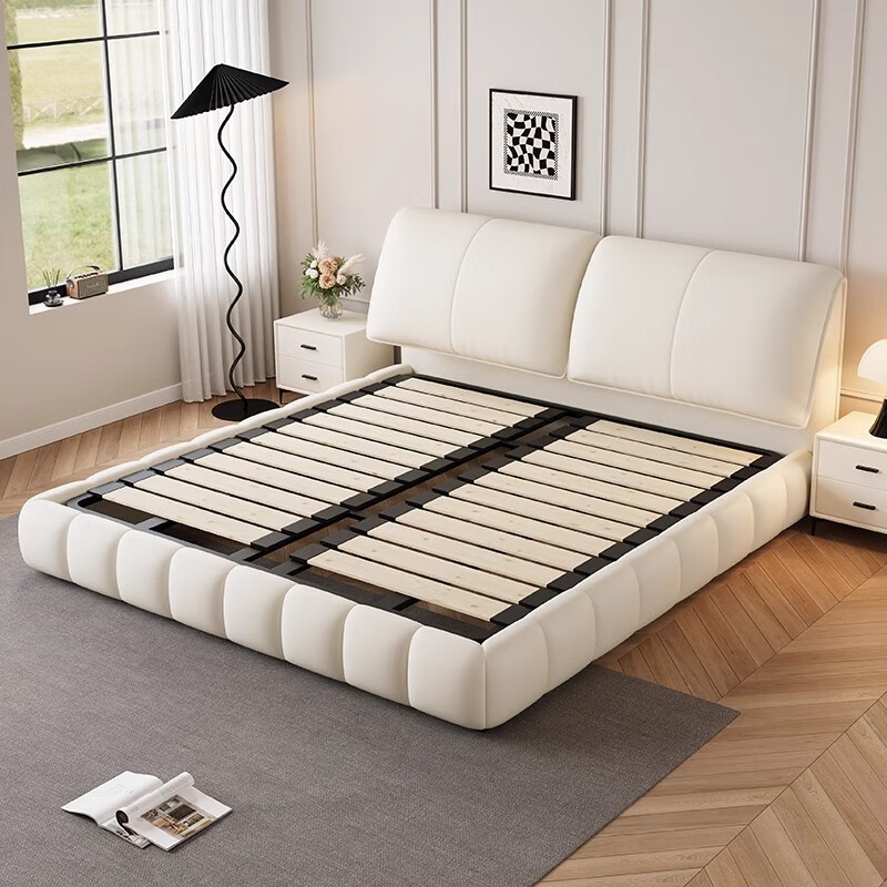 XIYUNMEN government subsidizes cream-style first-layer cowhide leather bed elephant ear master bedroom double bed minimalist storage bed wedding bed bed + moderately hard and soft natural latex mattress 1.8*2 meter frame bed/10cm steel wood lattice frame
