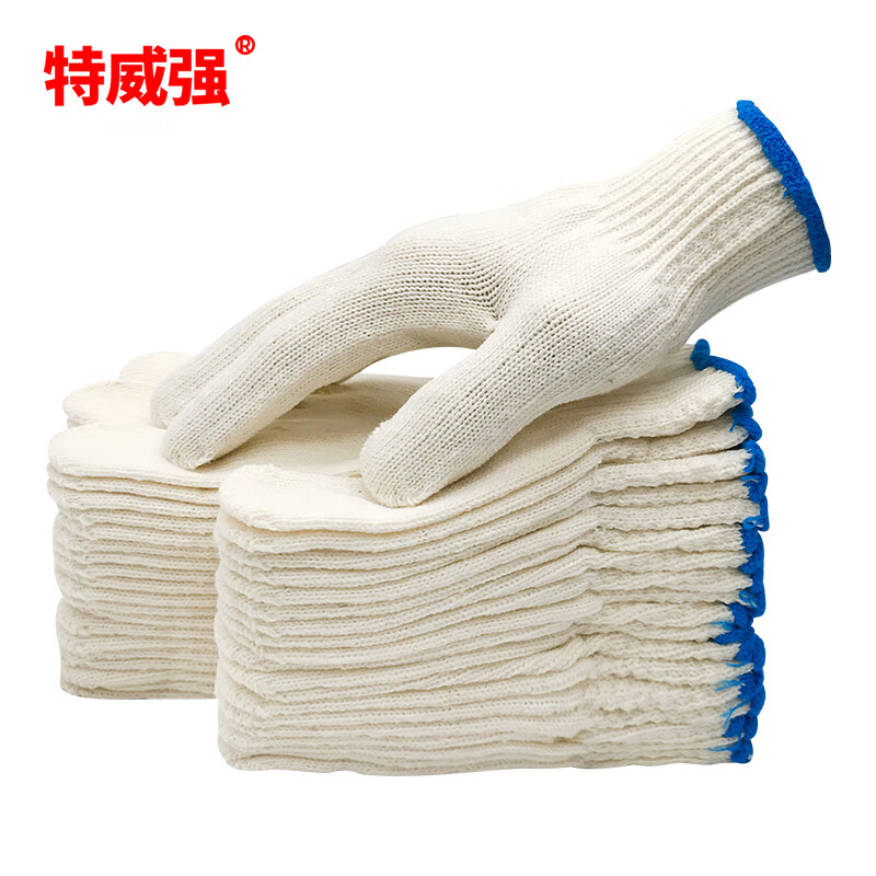 Teweiqiang cotton thread labor protection gloves 30 pairs/pack 500 blue edge thickened non-slip wear-resistant industrial white cotton yarn