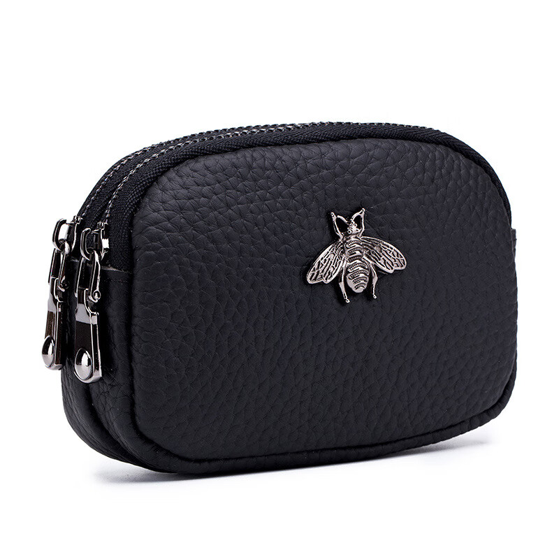 VANDEE Small Coin Purse Genuine Leather Cute Women's Coin Bag Double Zipper New Coin Purse Mini Coin Bag Black