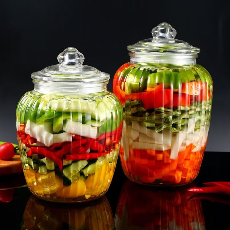 Pickle jar household glass bottle sealed jar pickle storage jar food grade storage pickle bottle pickle jar 69ml thickened glass striped jar 650ml (pack of two)