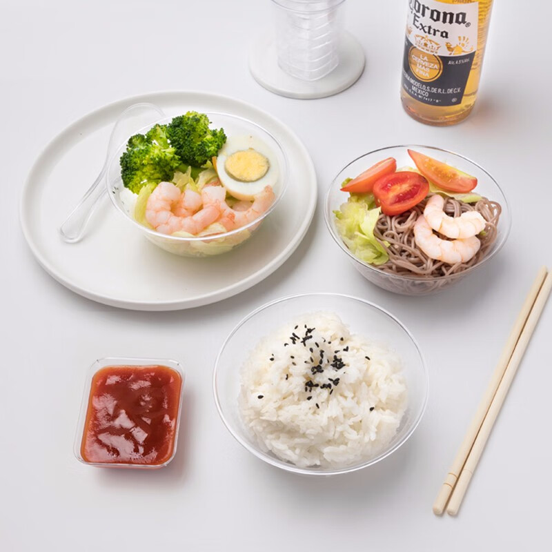 Petunia disposable crystal bowl cup set plastic plate transparent flavor plate sauce plate hard plastic hot pot rice bowl aviation bowl 400ml crystal bowl 100 pieces disposable tableware