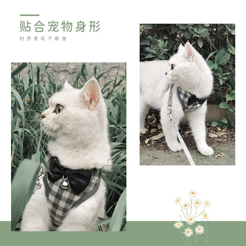 加仕高宠物猫绳胸背带遛猫绳防挣脱猫链子猫咪牵引绳可调节带铃铛S号