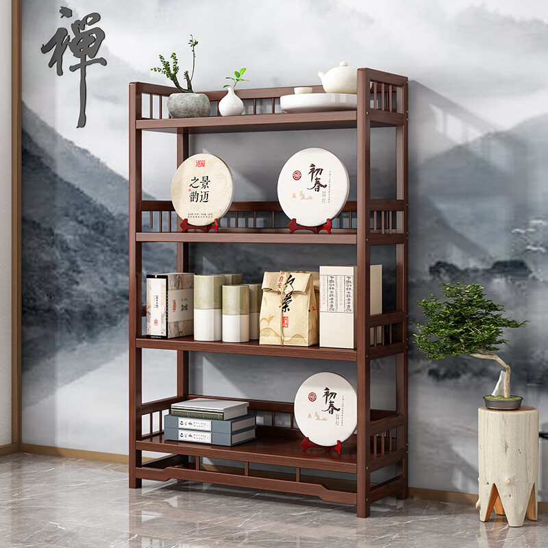 Bamboo Youjia Bogu rack multi-layer tea rack storage rack tea cabinet tea room ornaments display rack new Chinese style Duobao Pavilion tea set rack walnut color four layers with door and drawer 68 long storage rack