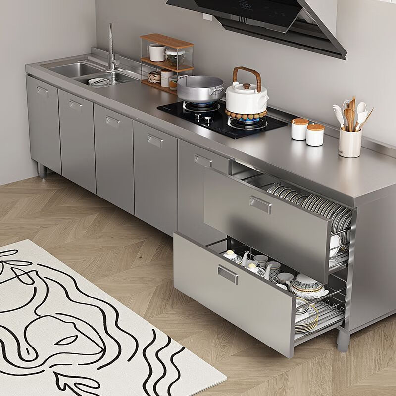 Baiting 2025 New Overall Thickened Stainless Steel Cabinet No Installation Integrated Kitchen Stove Cabinet Small Apartment 160cm Four Doors Double Basins (Remarks Left and Right) 304 Thickened Stainless Steel No Installation